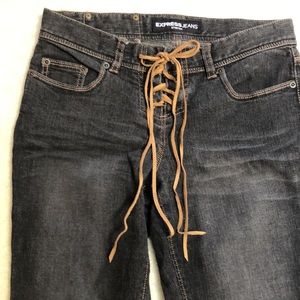 Express Vintage novelty jeans, size 1/2, dark wash, boot cut , leather ties
